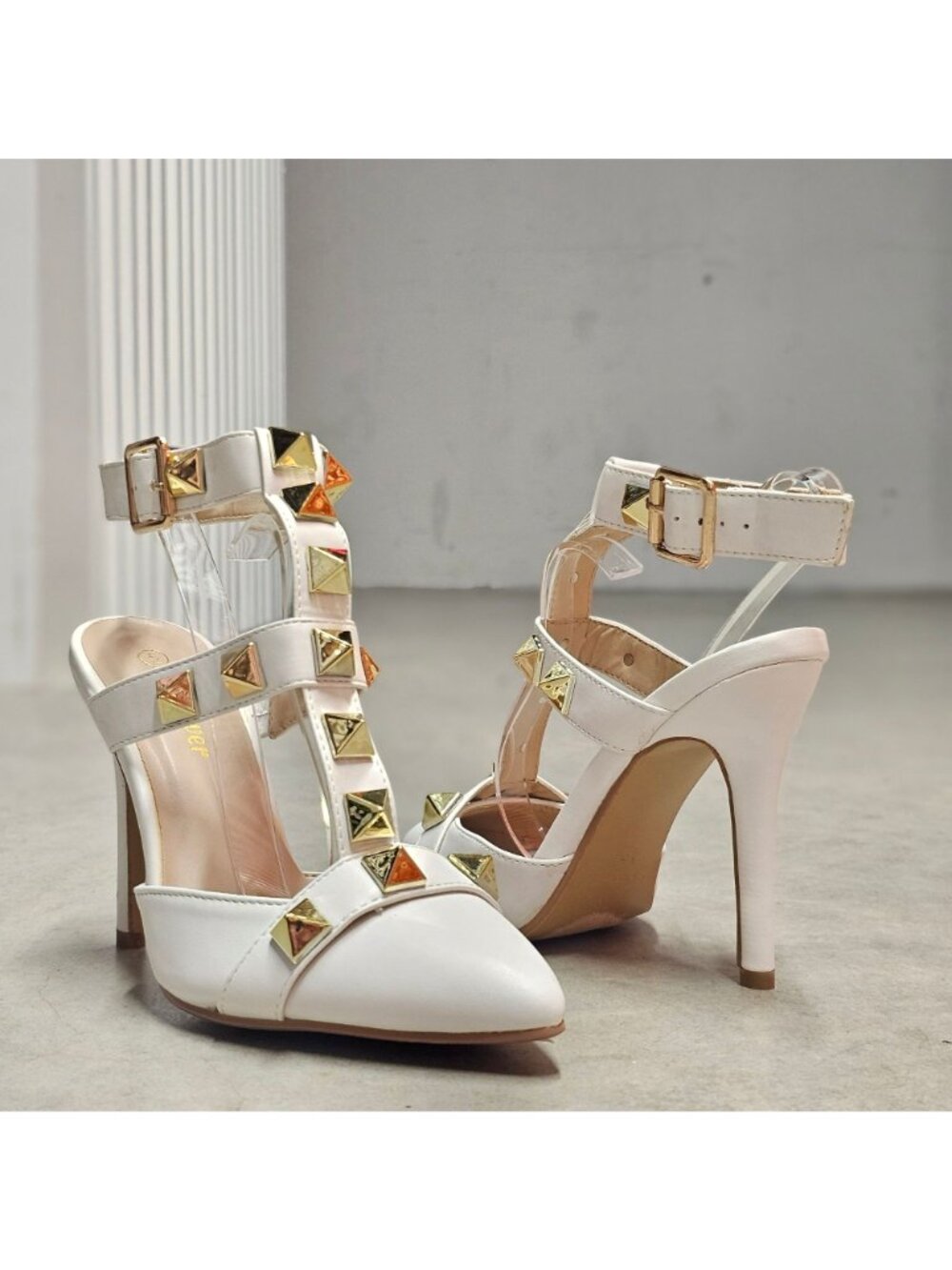White Studded Pointed-Toe High Heels With Adjustable Buckle Strap & T-Strap Desi - Picture 11 of 15